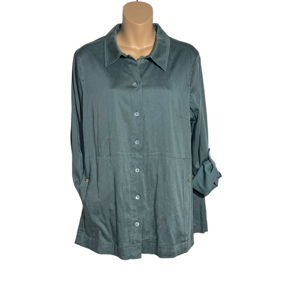 Soft Surroundings Womens Top Shacket Med Roll Tab Green Casual Gorpcore Tencel